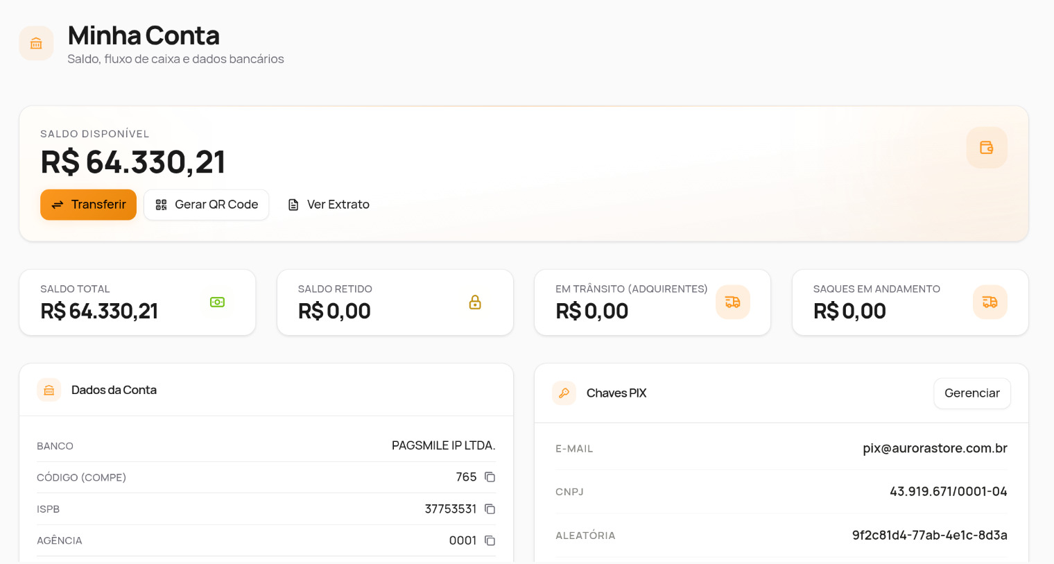 Internet Banking da Accithus — conta digital com saldo, dados bancários e chaves Pix